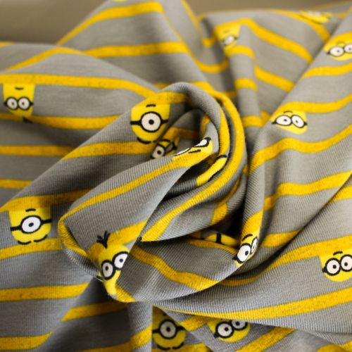 Katoen tricot grijs met gele strepen en Minions